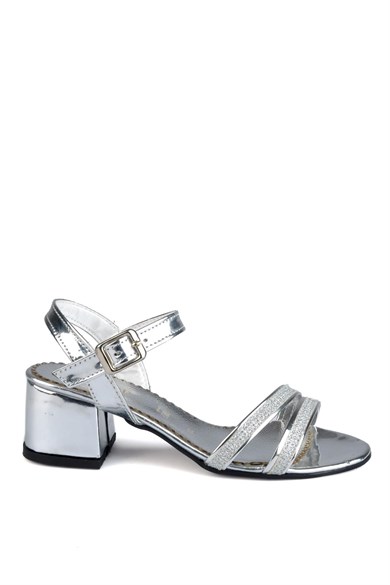 Kız Çocuk Topuklu Ayakkabı- Simli Gümüş Renk